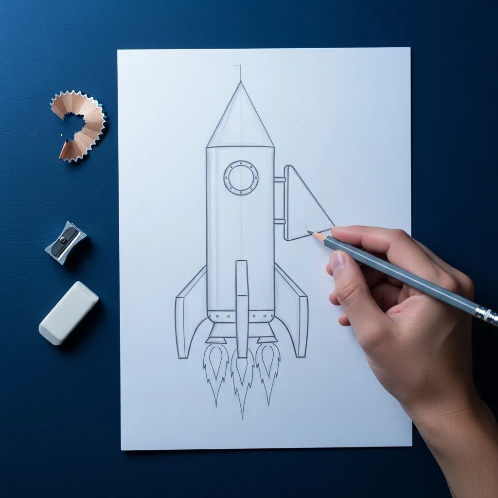 Beginner drawing a rocket ship with fins and a porthole