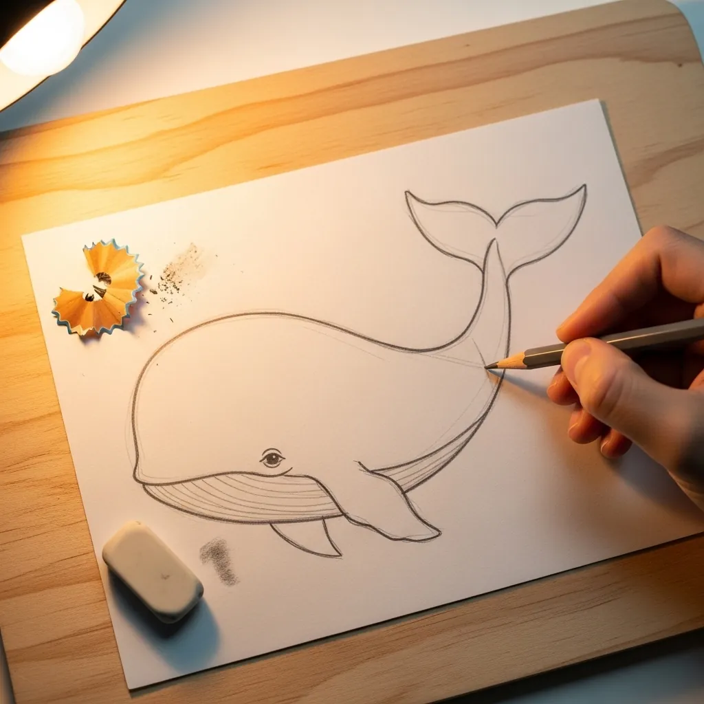 Beginner drawing a whale with a curved tail fluke