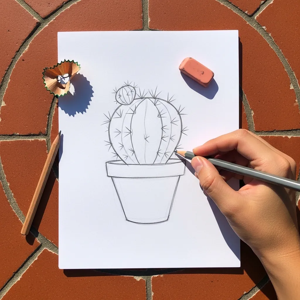 Beginner drawing a cactus in a terracotta pot with fine spines