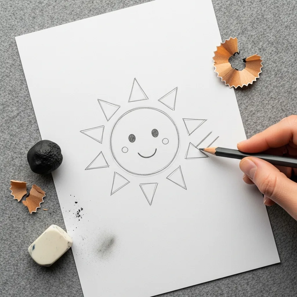 Beginner drawing a smiling sun with triangular rays