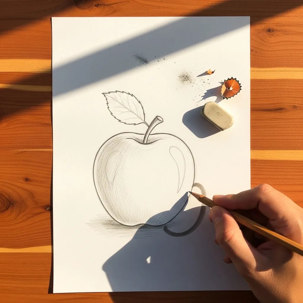 Beginner drawing an apple with soft graphite shading