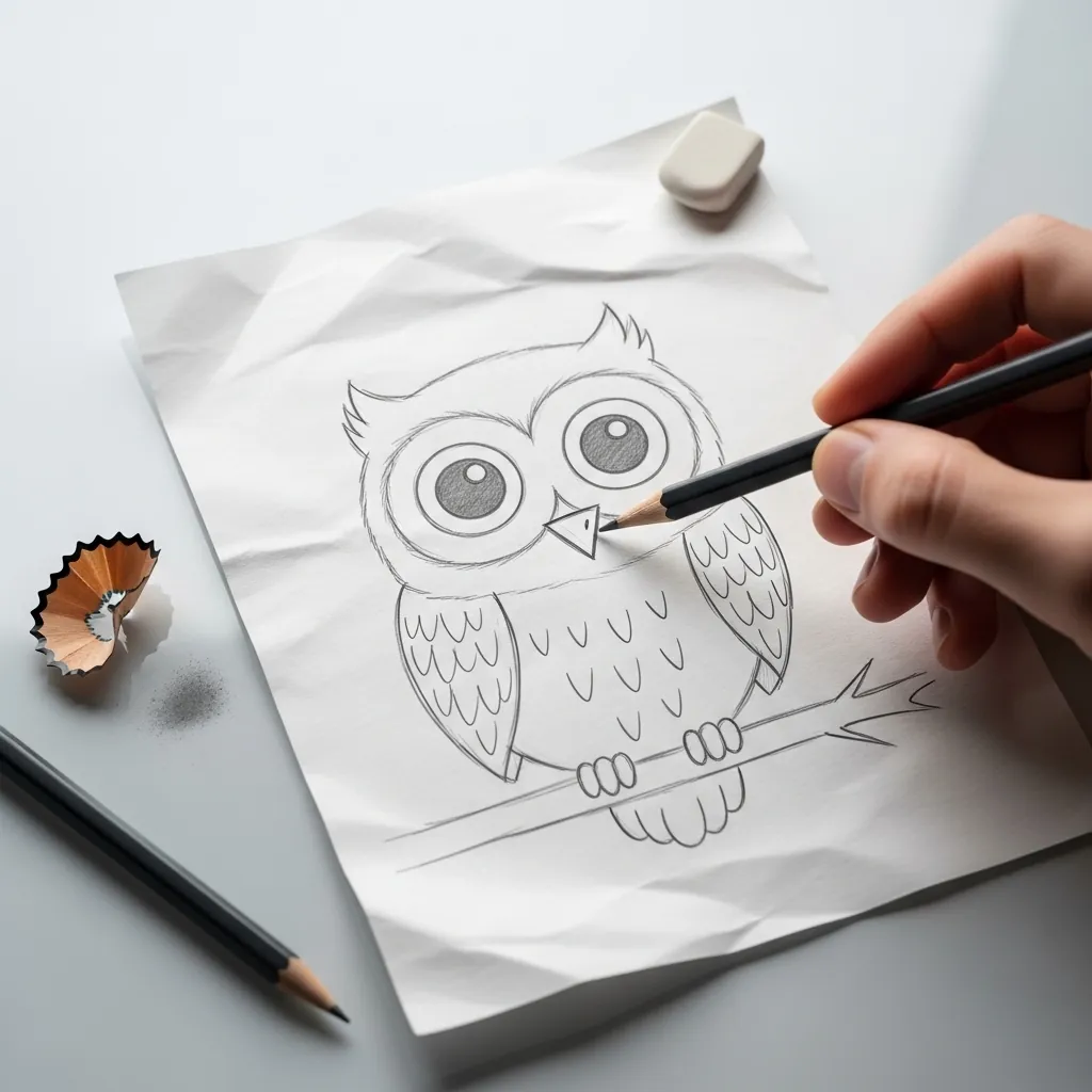 Beginner drawing an owl with large eyes perched on a branch