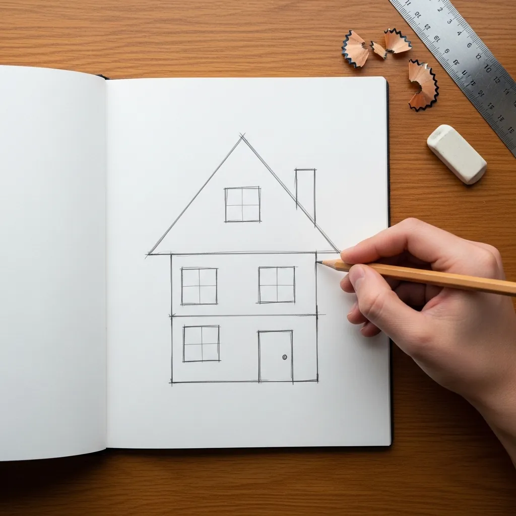 Beginner drawing a simple two story house in a sketchbook