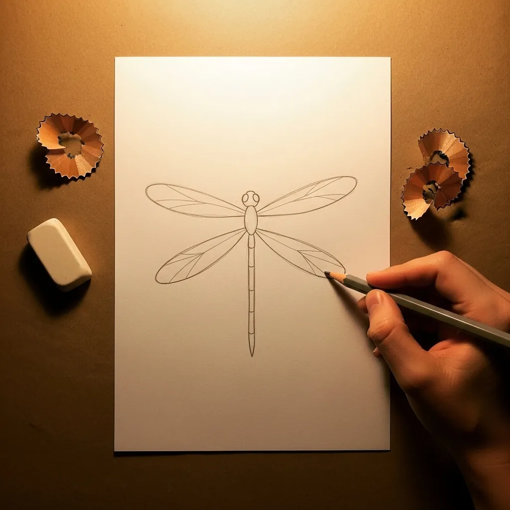 Beginner drawing a dragonfly with four long wings