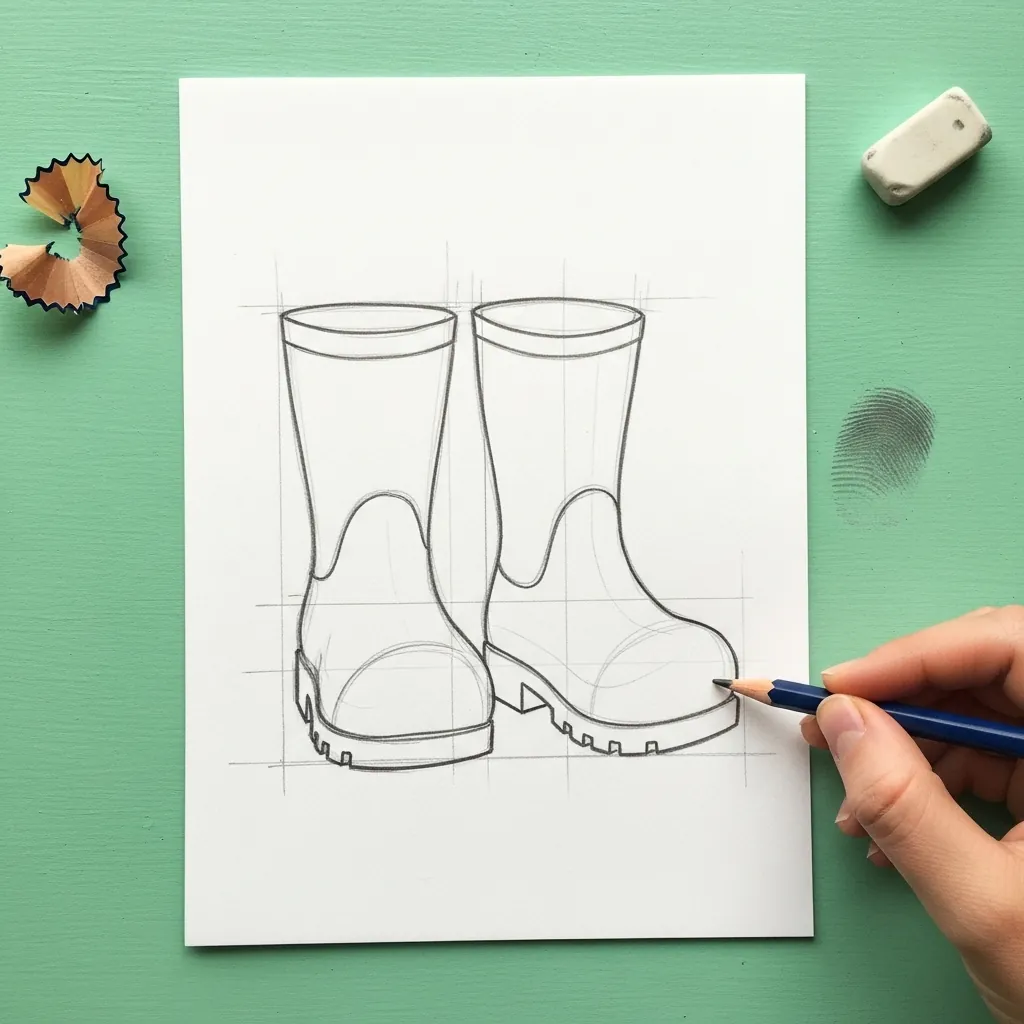 Beginner drawing a pair of rain boots using light grid lines