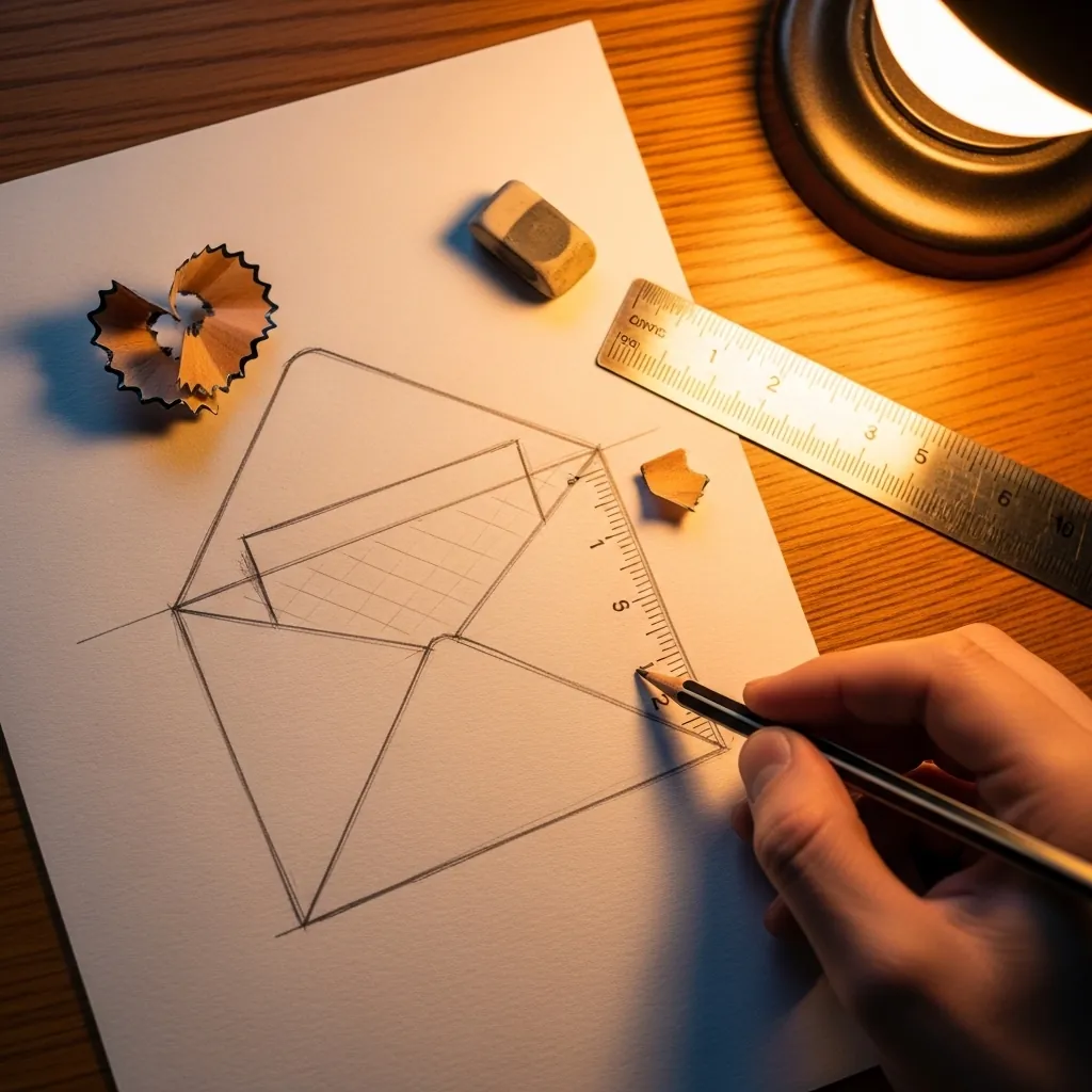 Beginner drawing an envelope in perspective with a ruler