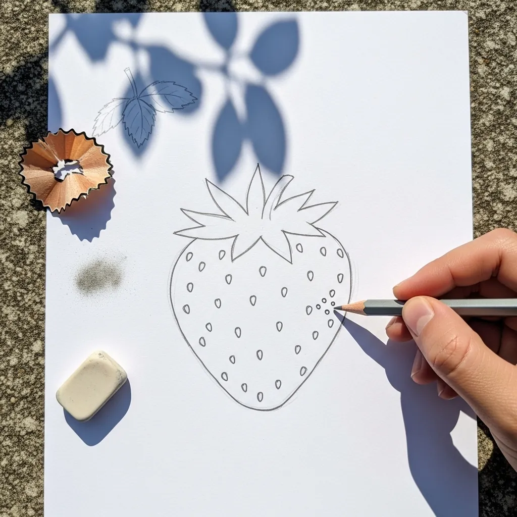 Beginner drawing a strawberry covered in small seeds