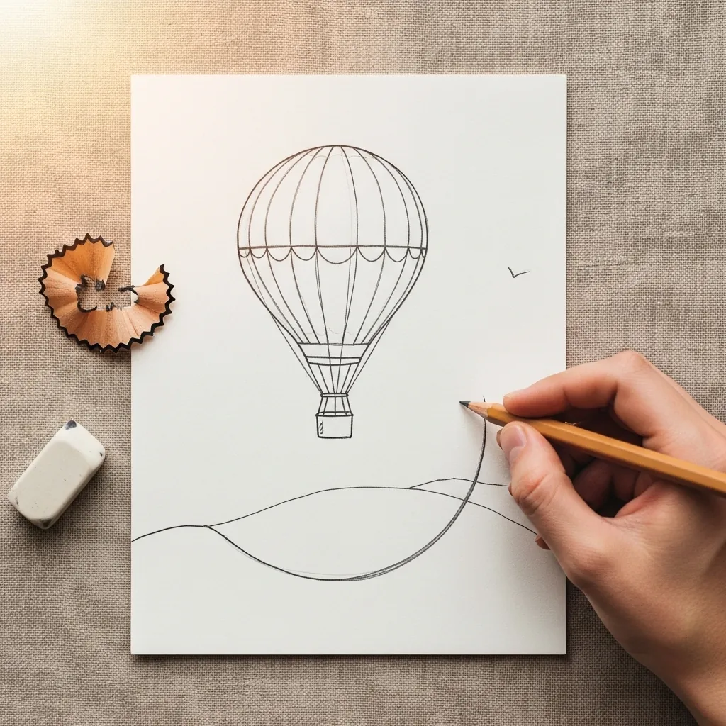 Beginner drawing a hot air balloon floating above rolling hills