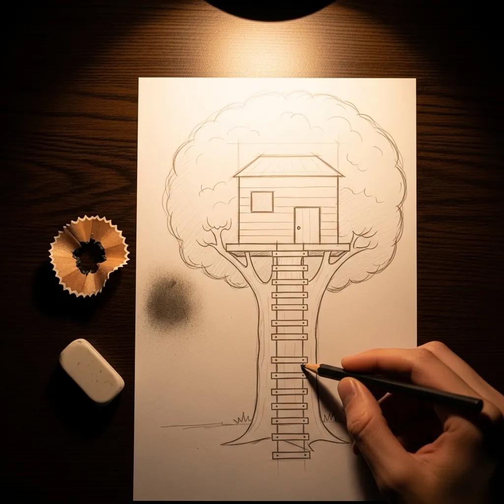 Beginner drawing a treehouse with a ladder in a large tree