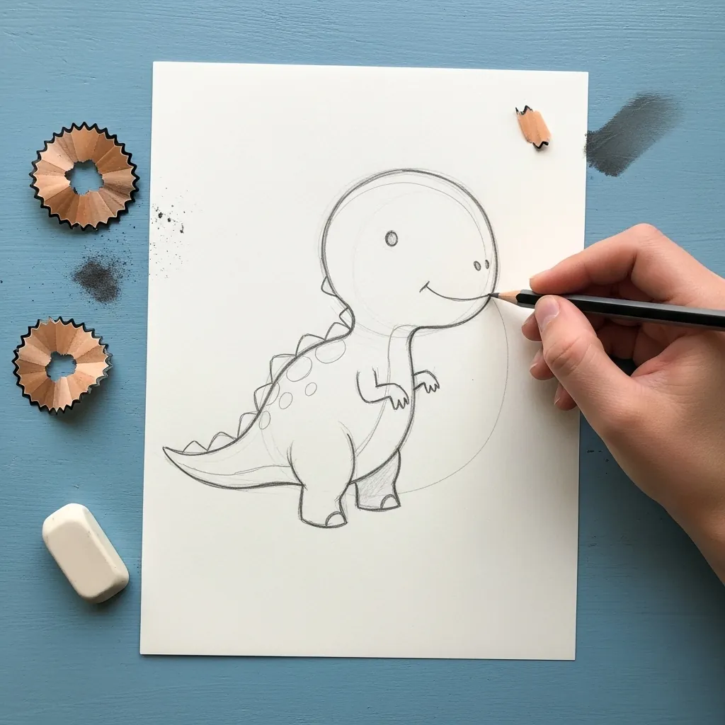 Beginner drawing a small cartoon dinosaur with plates on its back