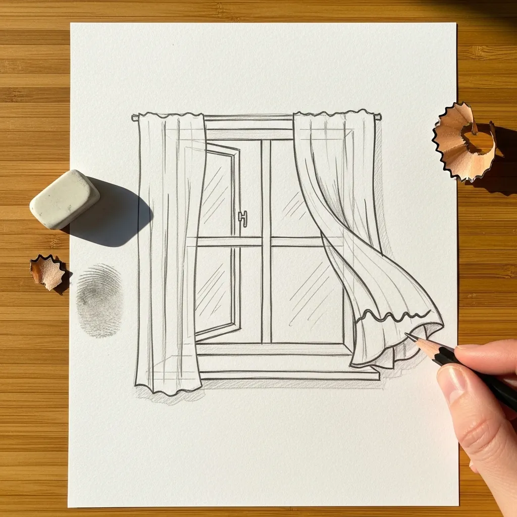 Beginner drawing a window with curtains and panes in pencil