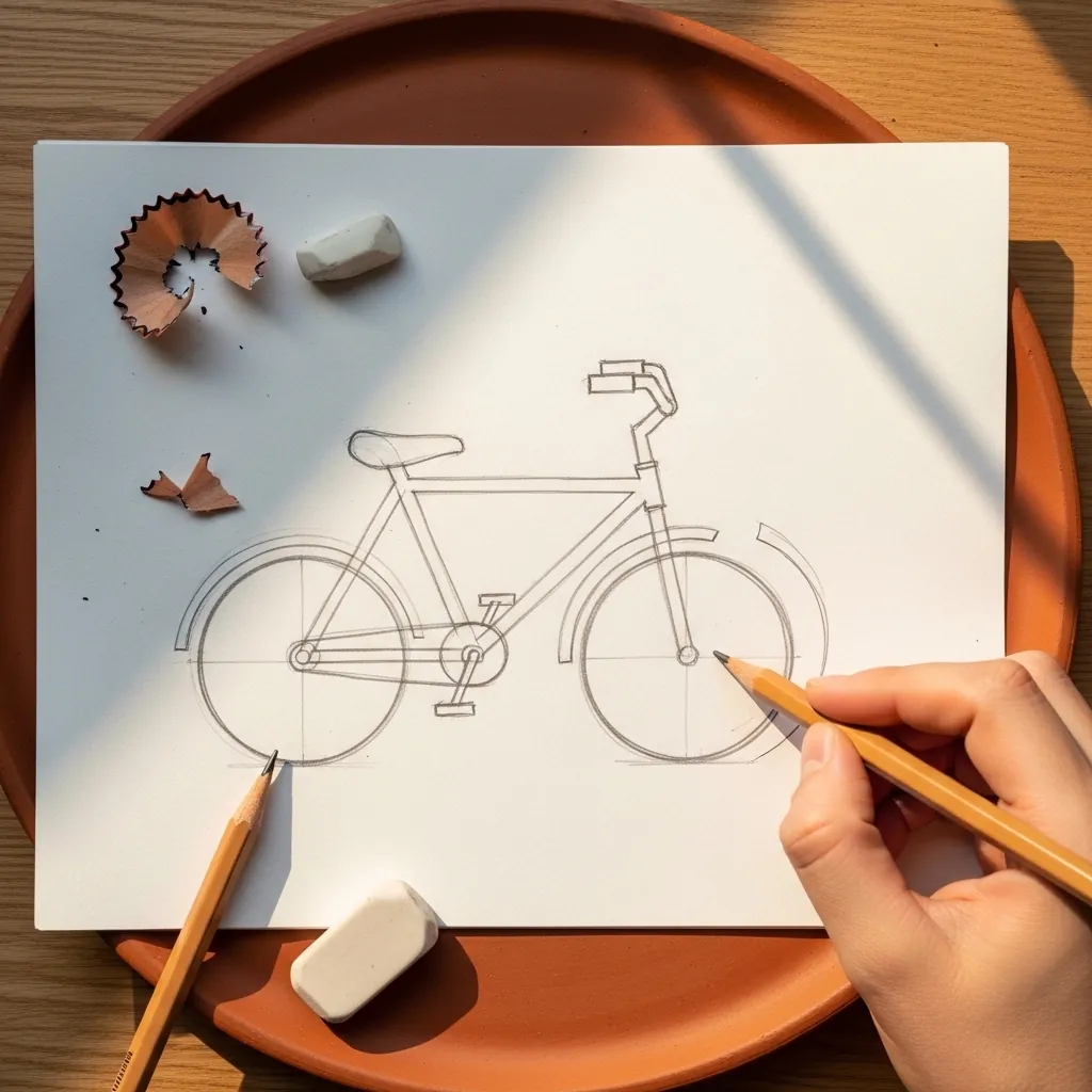 Beginner drawing a bicycle from two circles and a frame