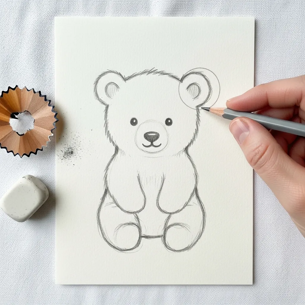 Beginner drawing a fluffy teddy bear sitting in pencil