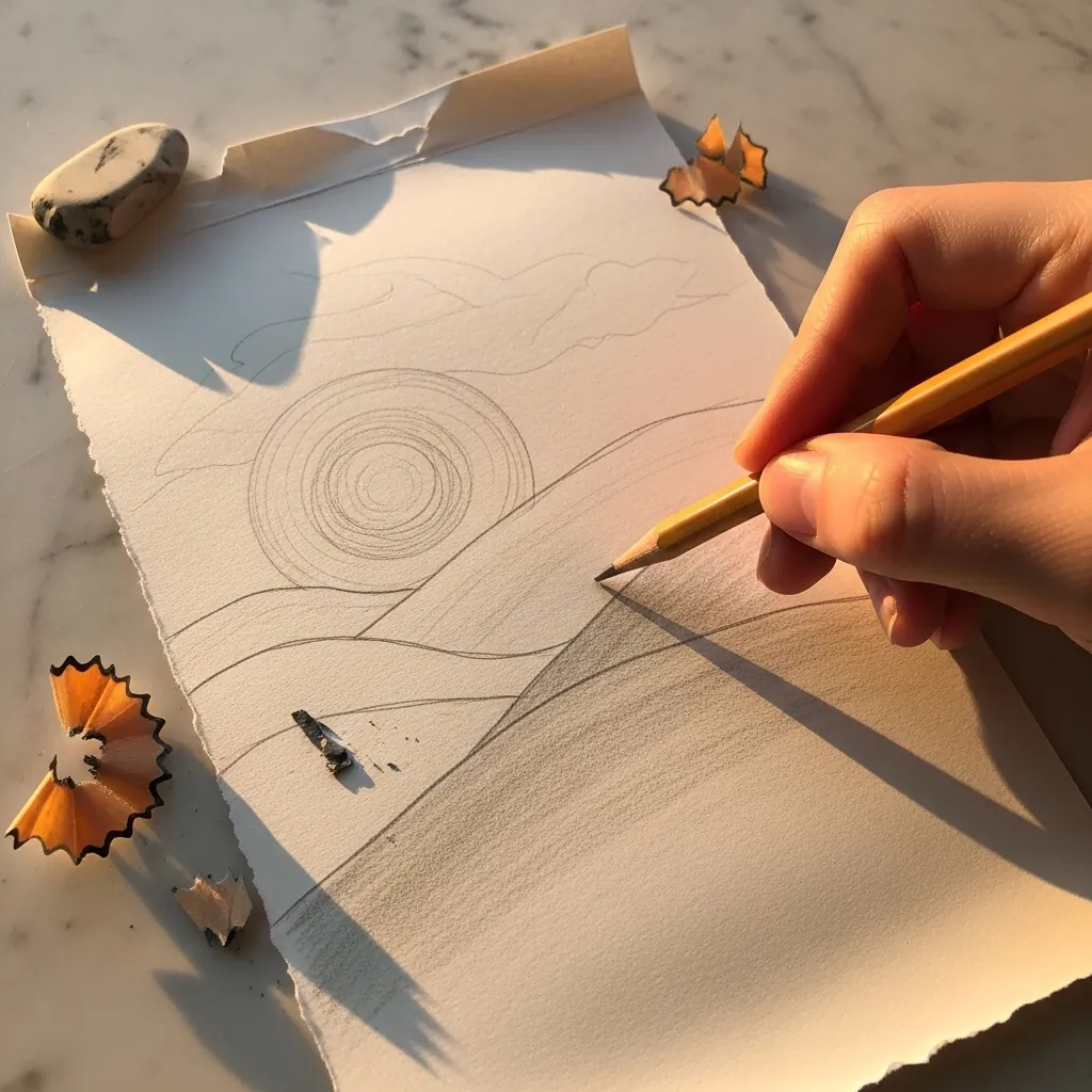 Beginner sketching a landscape with a sun and rolling hills on textured paper