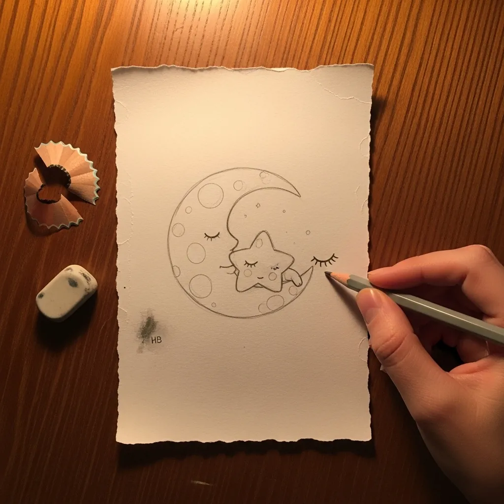 Beginner drawing a sleeping crescent moon with a small star
