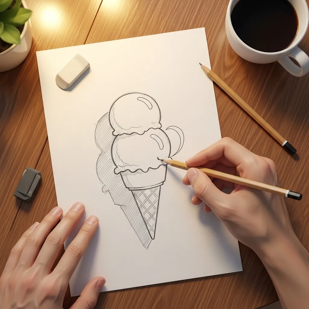 Beginner drawing an ice cream cone with two scoops in pencil