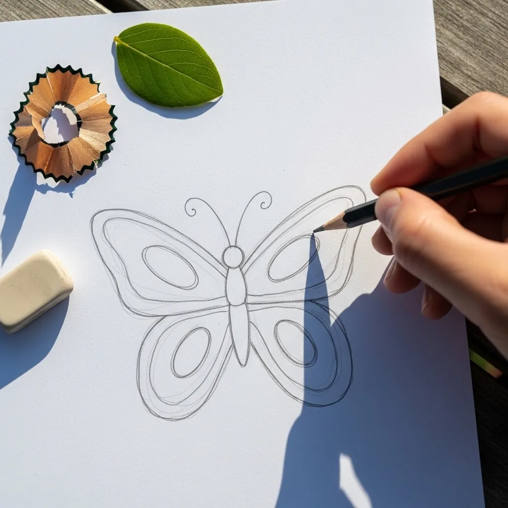 Beginner drawing a symmetrical butterfly outline in pencil