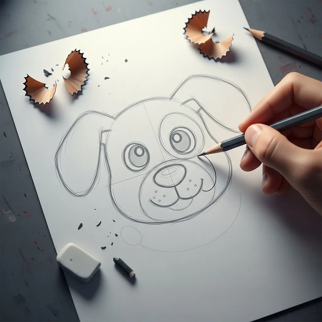Beginner drawing a puppy face with floppy ears and a large nose