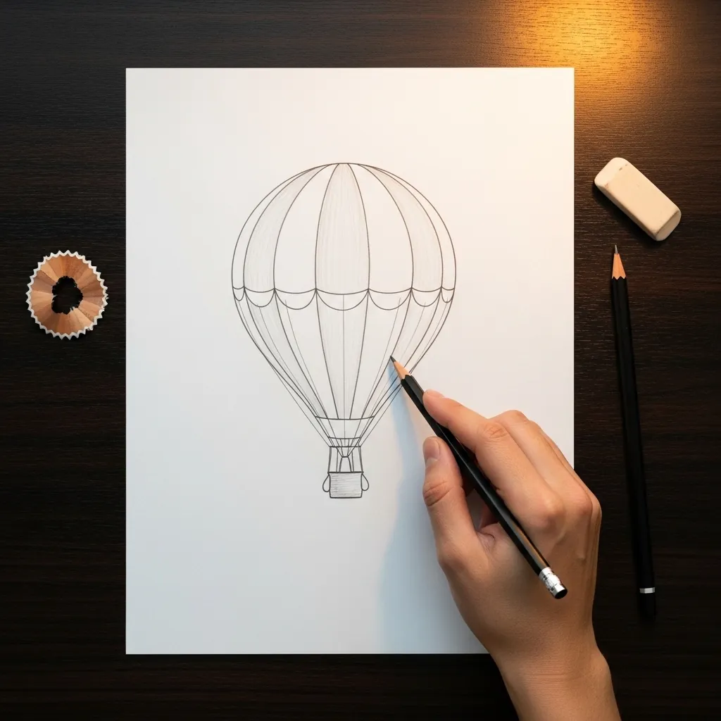 Beginner drawing a hot air balloon with segment lines in pencil