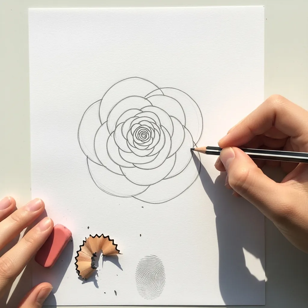 Beginner drawing a rose built from a spiral of petals