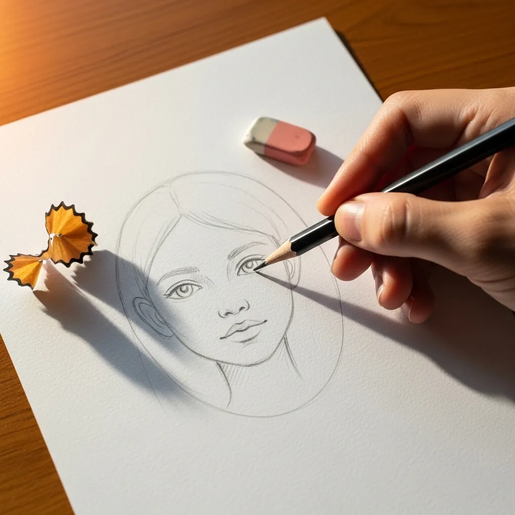 Beginner sketching a full front facing portrait lightly in pencil