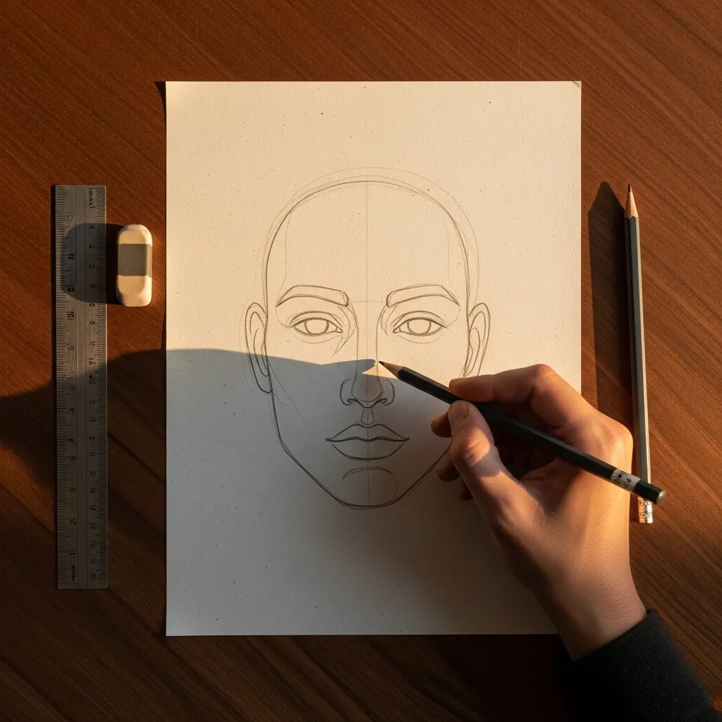 Beginner using a ruler to check face proportions on toned paper