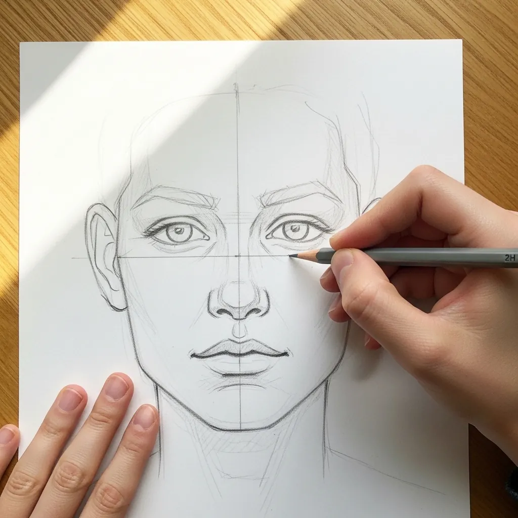 Beginner drawing a face with a vertical center line down the middle