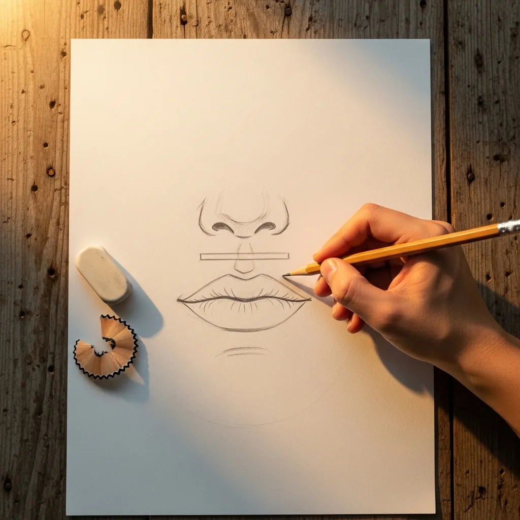 Beginner drawing a nose and mouth study lightly in pencil
