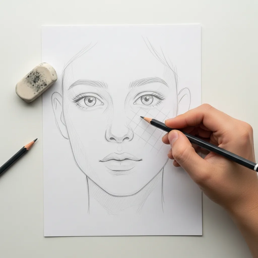 Beginner adding crosshatch shading to a cheek in pencil