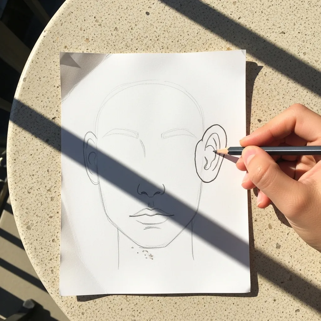 Beginner drawing an ear on a face and checking its position