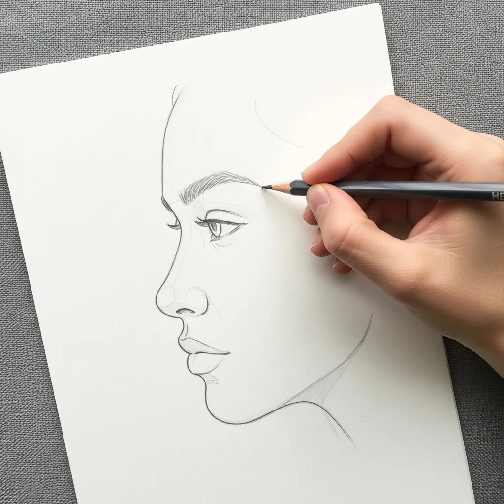 Beginner drawing a face in profile view with a clean outline