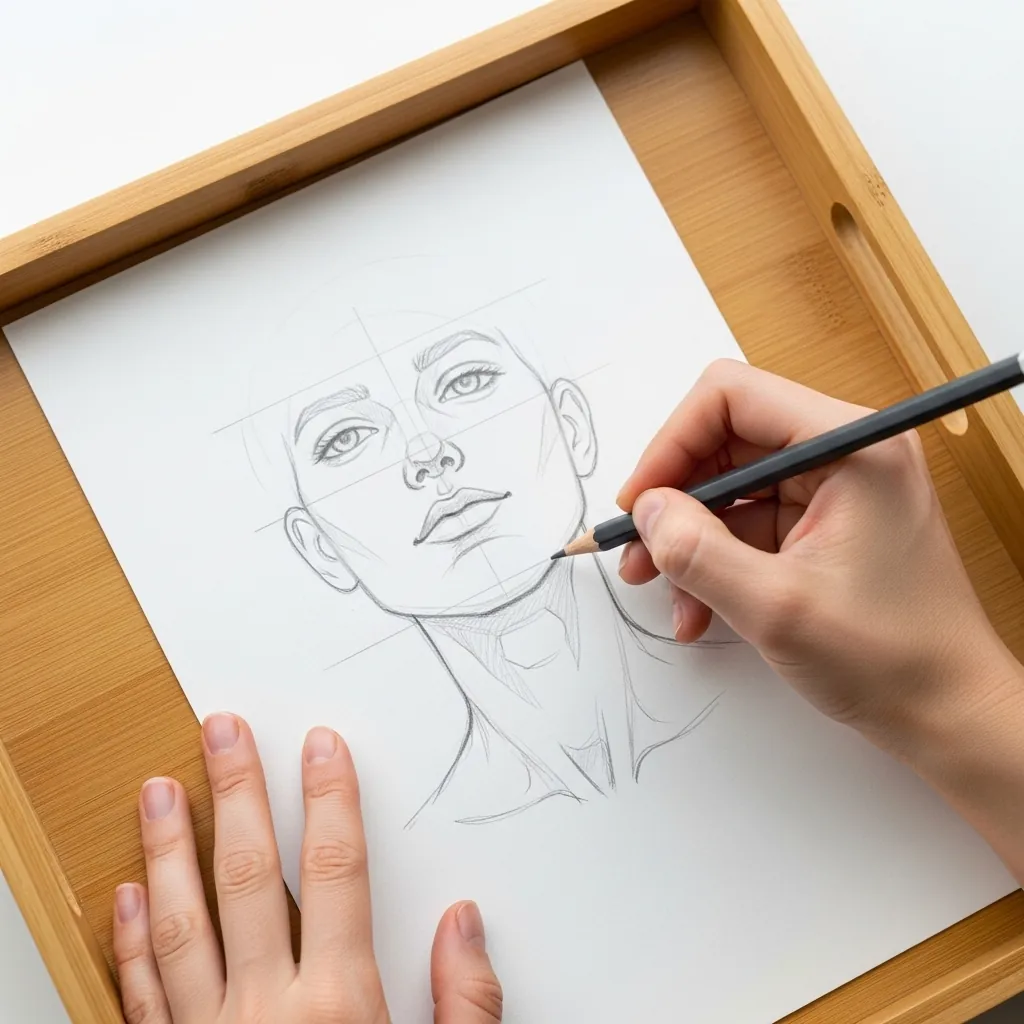 Beginner drawing a face turned in a three quarter view