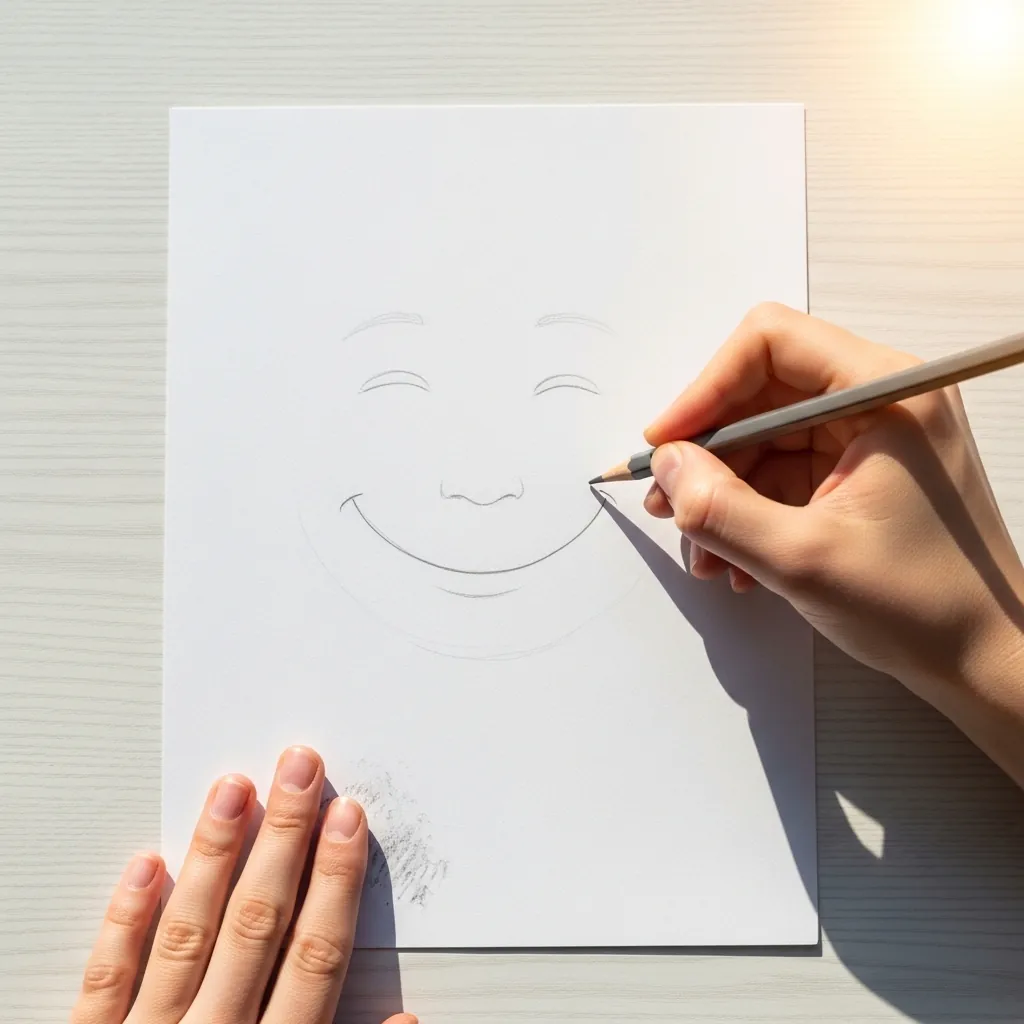 Beginner drawing a simple smiling face with closed eyes