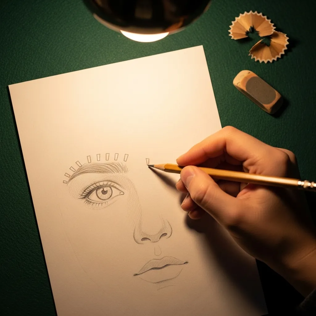 Beginner drawing eyelashes and eyebrow detail on a face