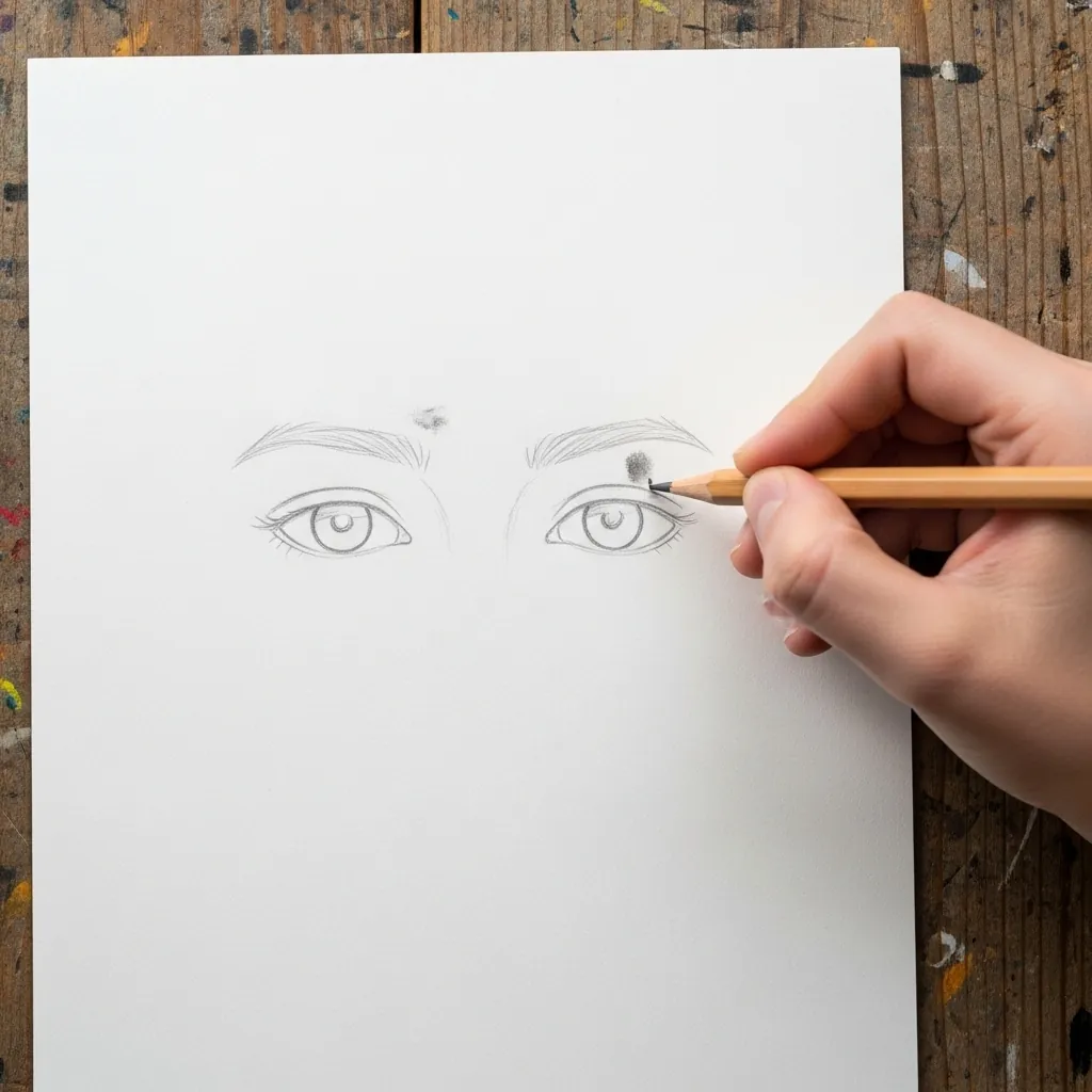 Beginner drawing a pair of eyes side by side in pencil