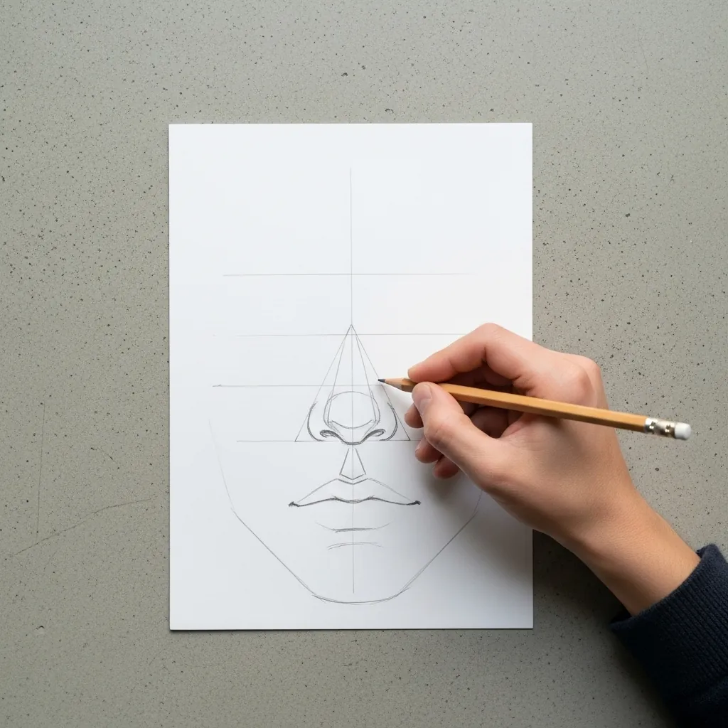 Beginner drawing a blank face proportion grid with no features