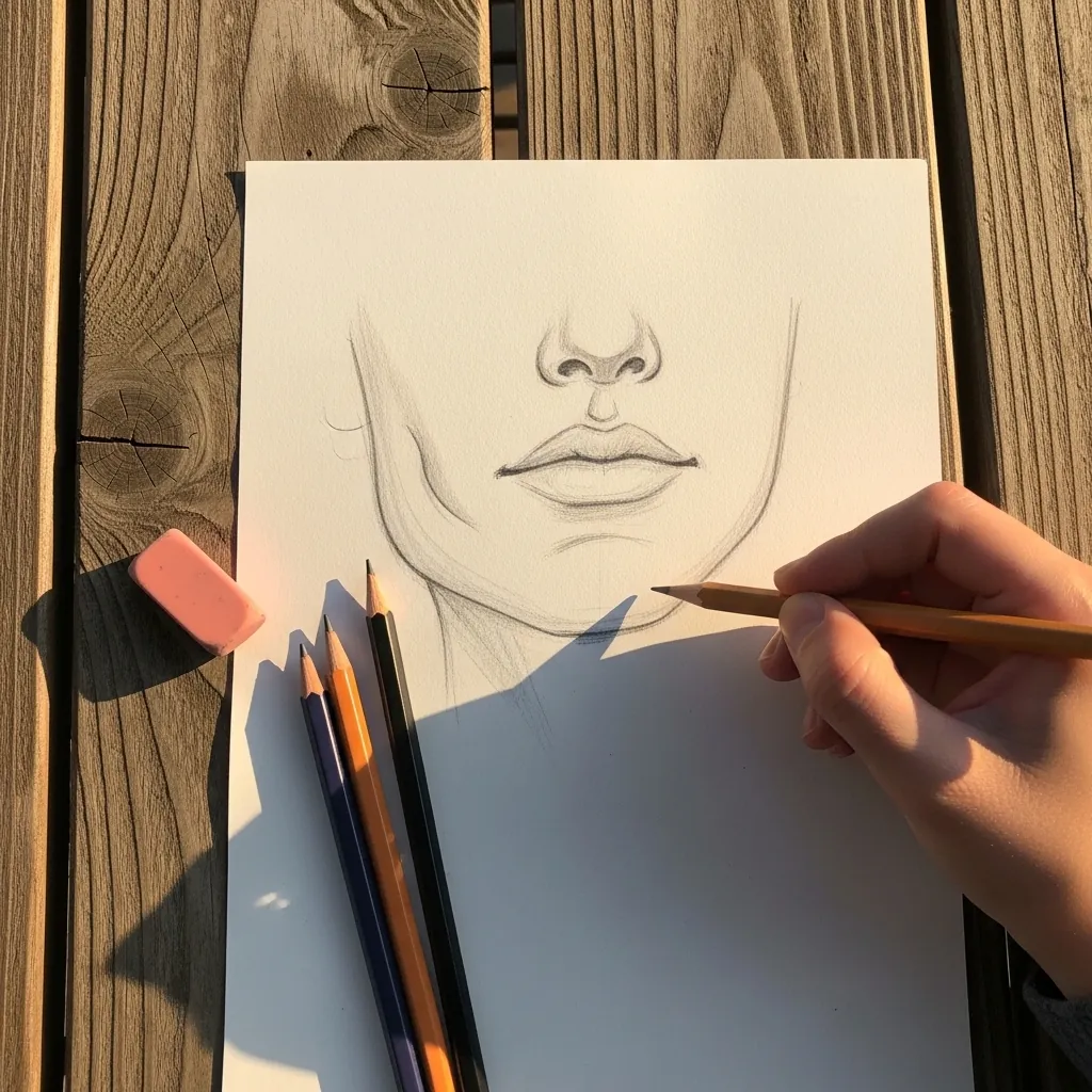 Beginner drawing the lower half of a face with nose and lips