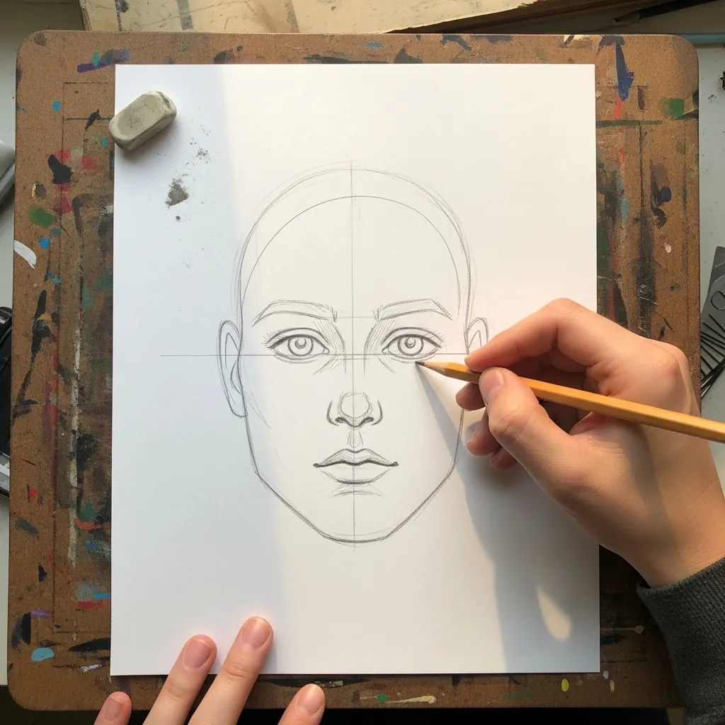 Beginner drawing a head as a ball with the sides sliced flat