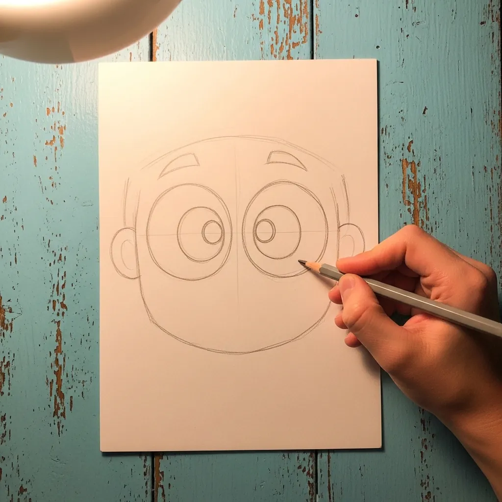 Beginner drawing a cartoon face with very large exaggerated eyes