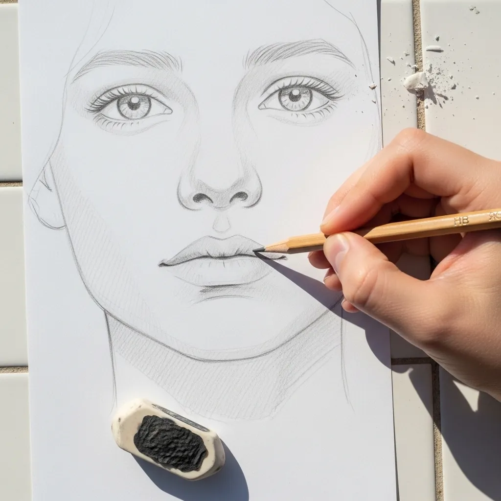 Beginner drawing detailed lips and a shaded chin in pencil