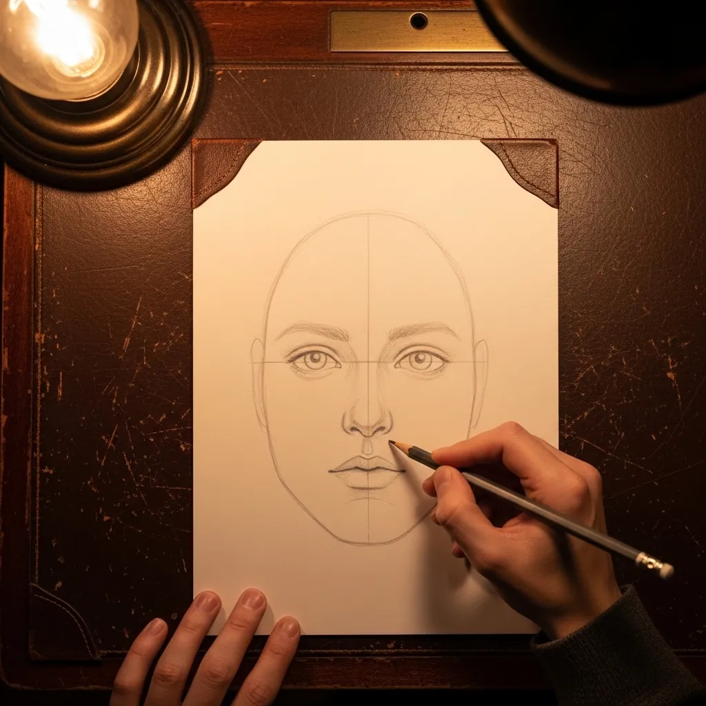 Beginner drawing a portrait on aged paper under warm lamplight