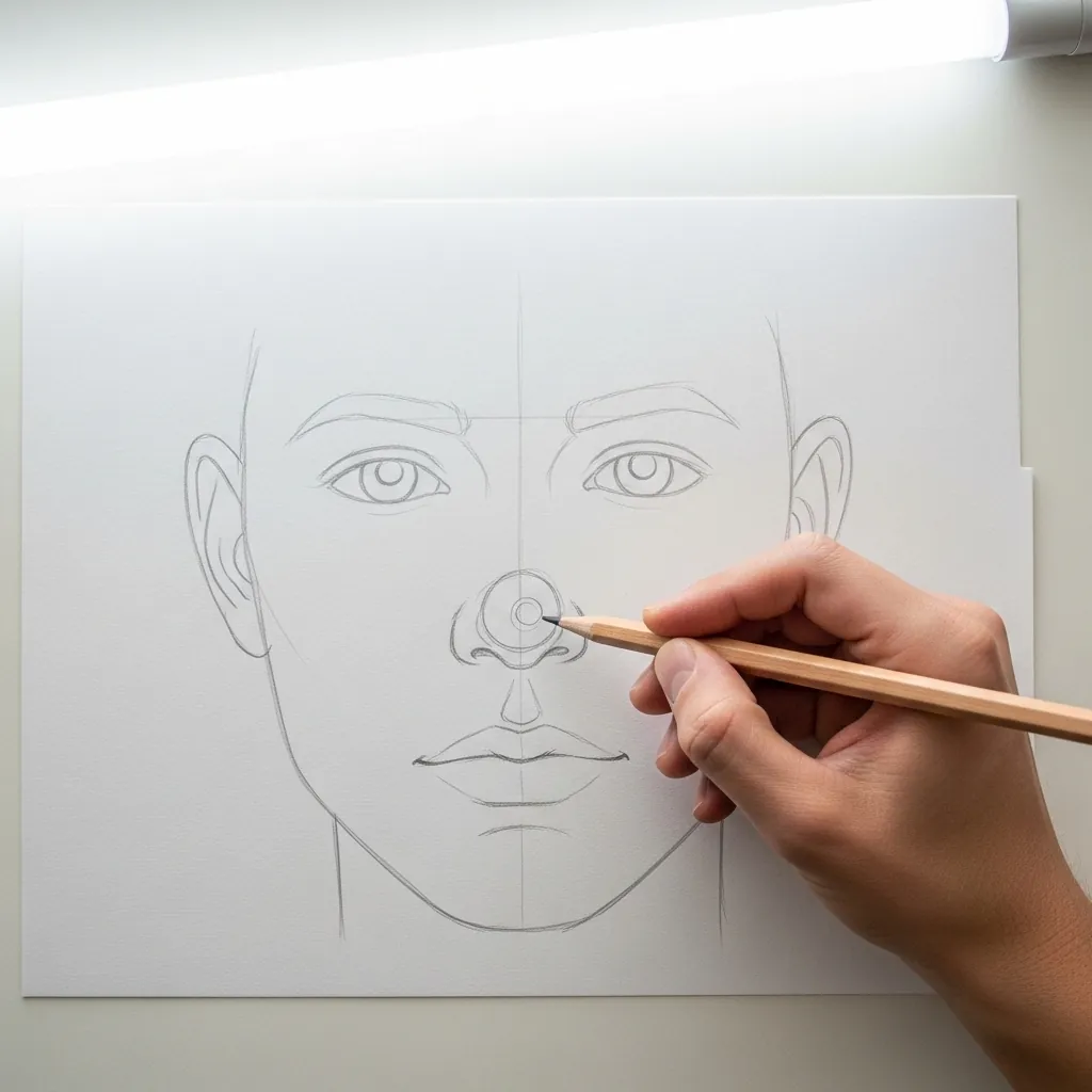 Beginner drawing a very faint face outline before adding detail