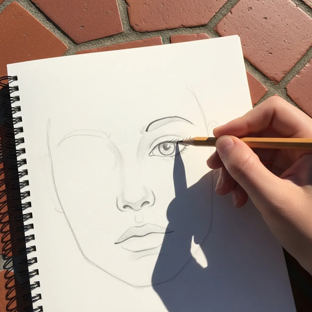 Beginner drawing an eye study in a spiral bound sketchbook