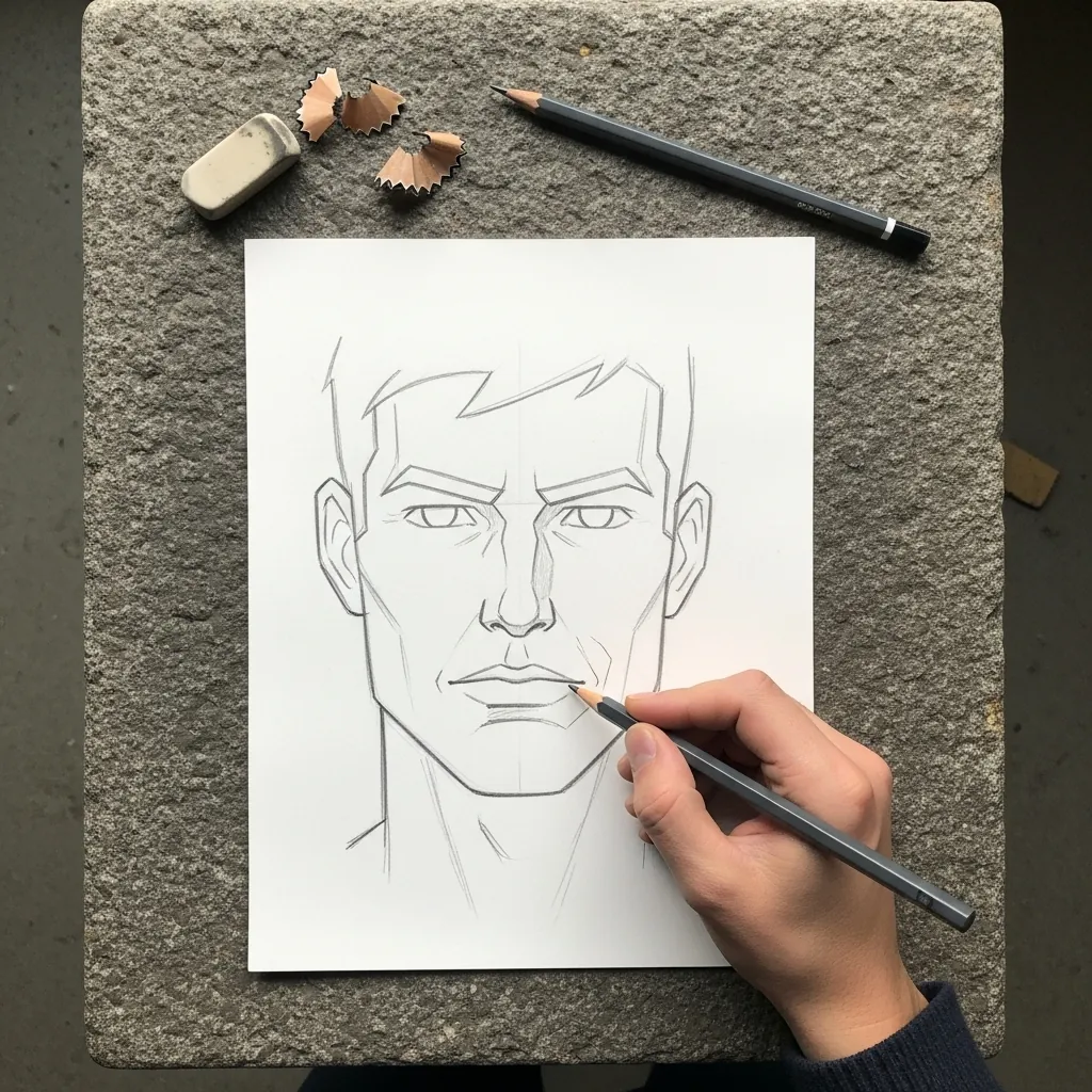 Beginner drawing a stylized comic male face with angular features