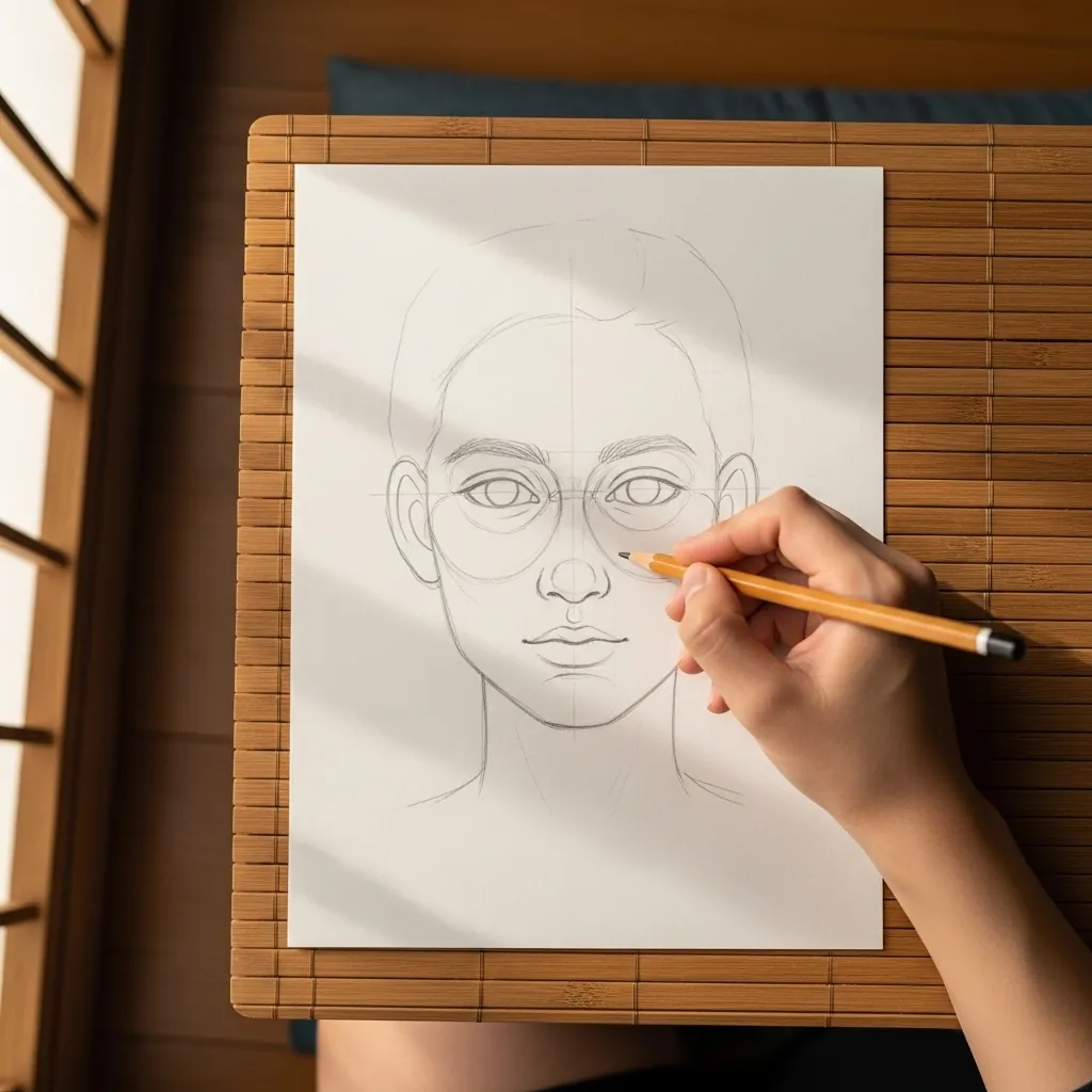 Beginner drawing a face with a consistent even pencil line