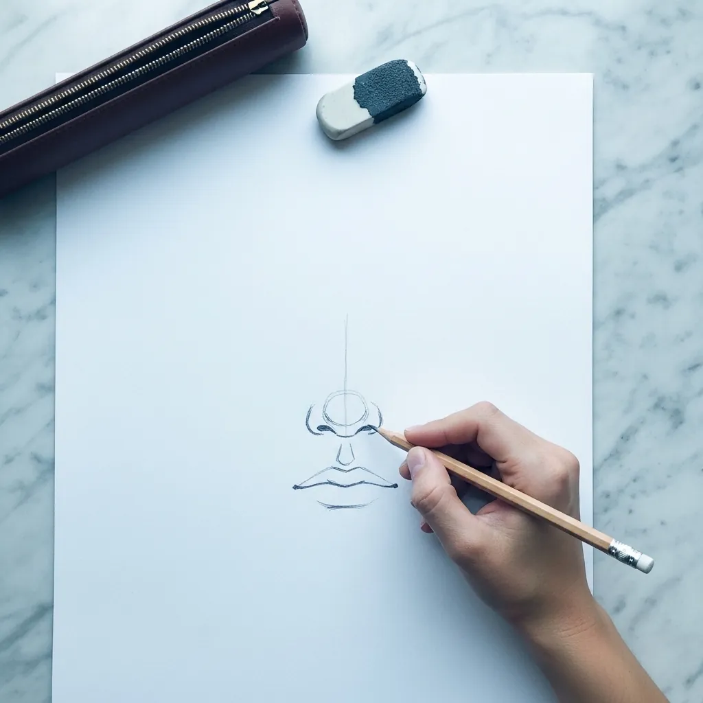 Beginner drawing a nose and lips as a light pencil study