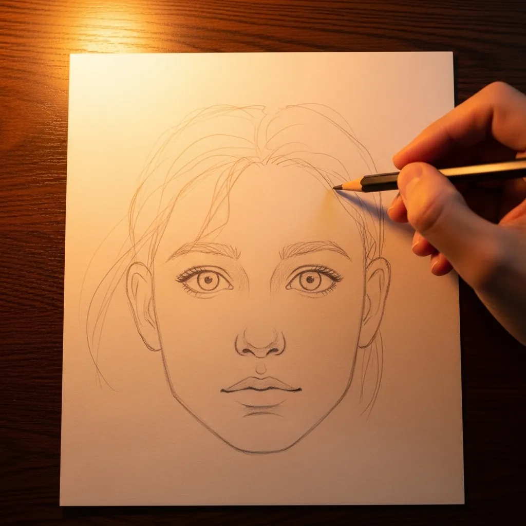Beginner drawing wavy hair framing a face in warm light