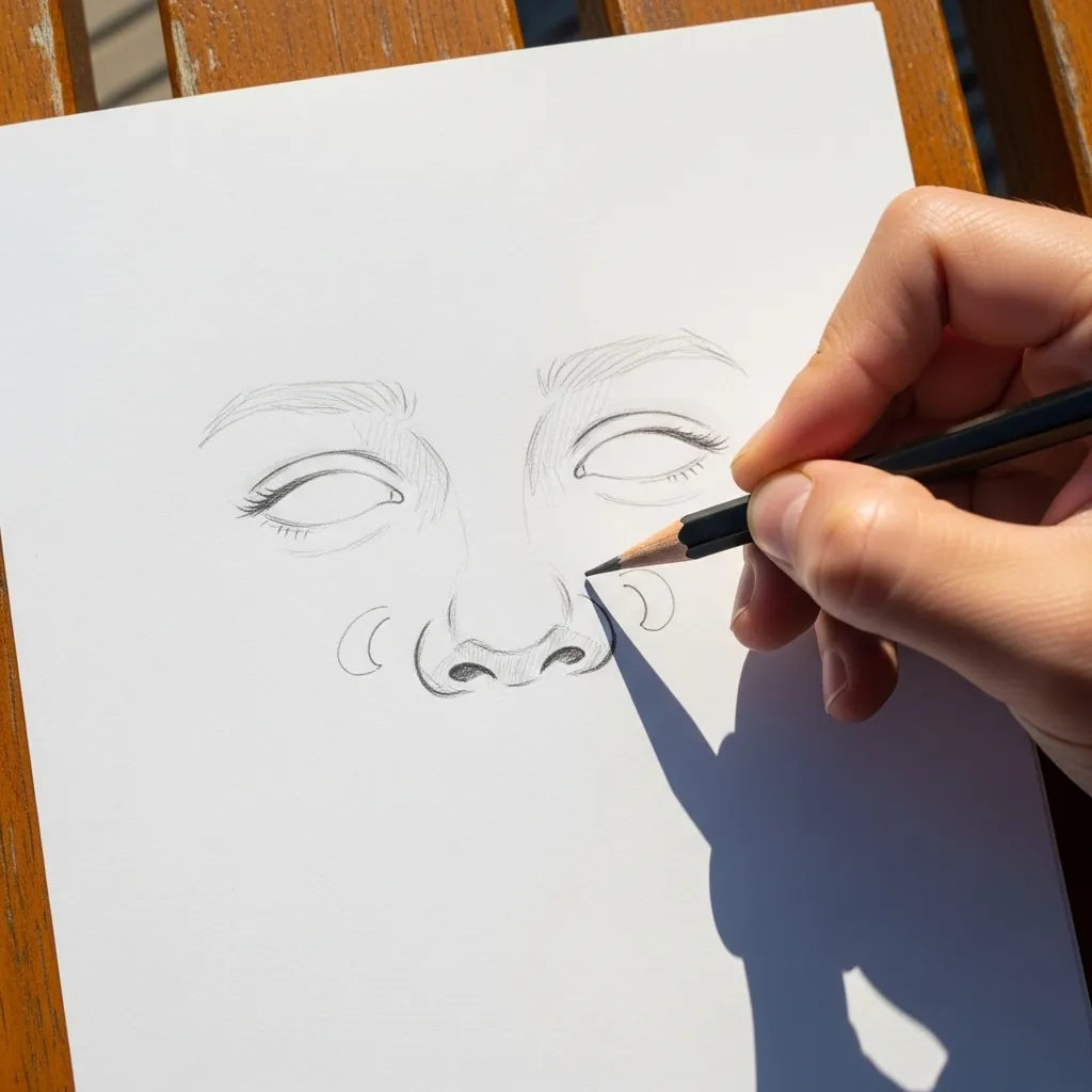 Beginner drawing half closed eyes and a nose in pencil