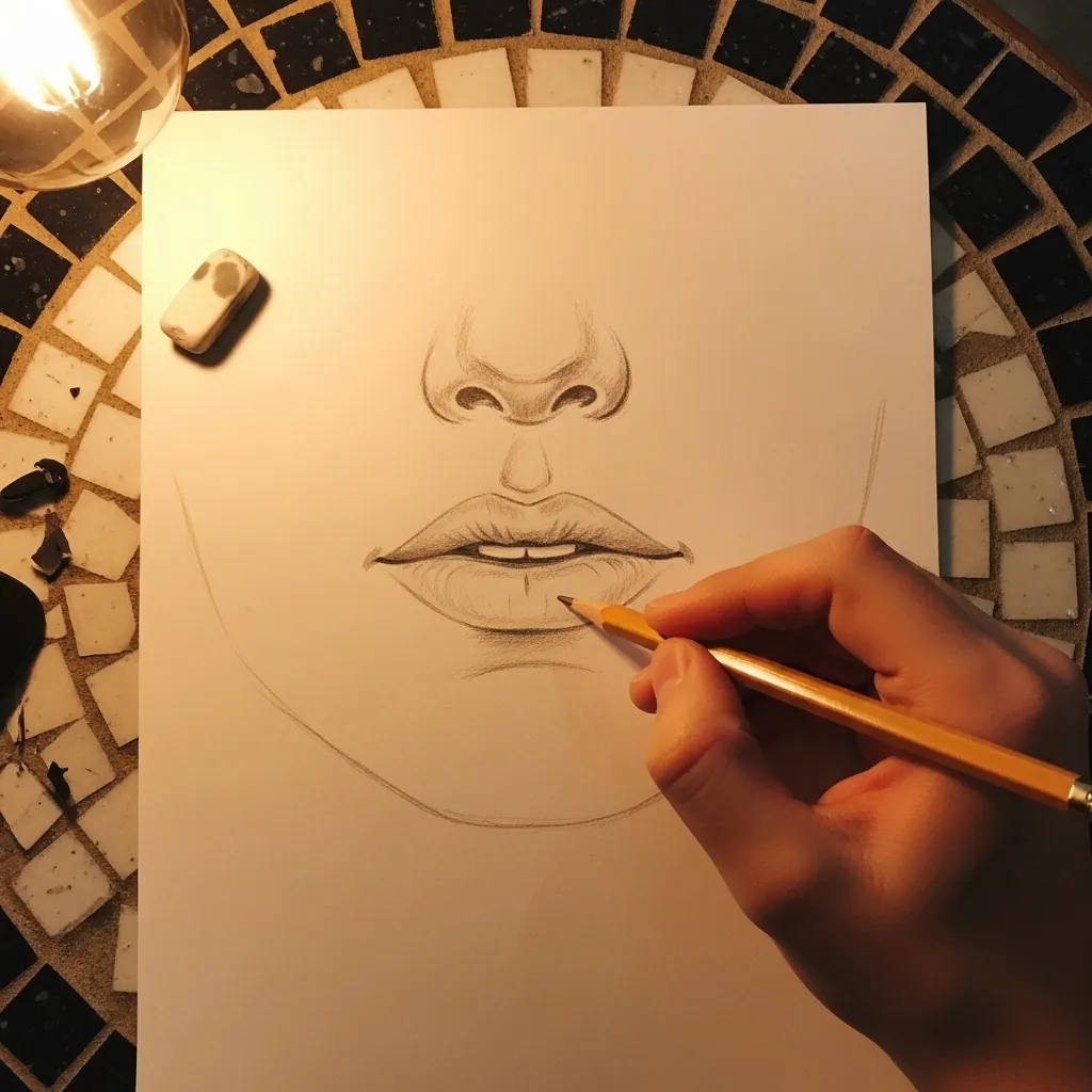 Beginner drawing the underside of a nose and lips on cream paper