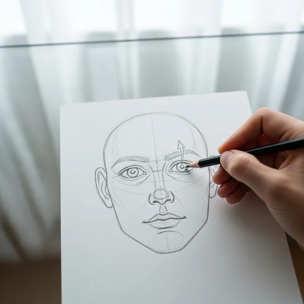 Beginner adding eyebrows to a drawn face in pencil